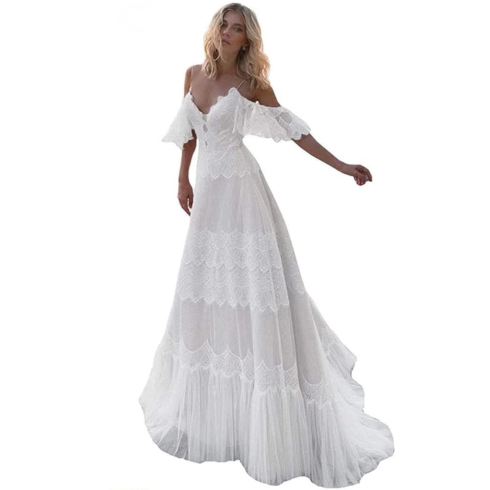 Women's Wedding Dress Chic Lace Evening Dresses V Neck Ruffle Sleeves Beach‎ S
